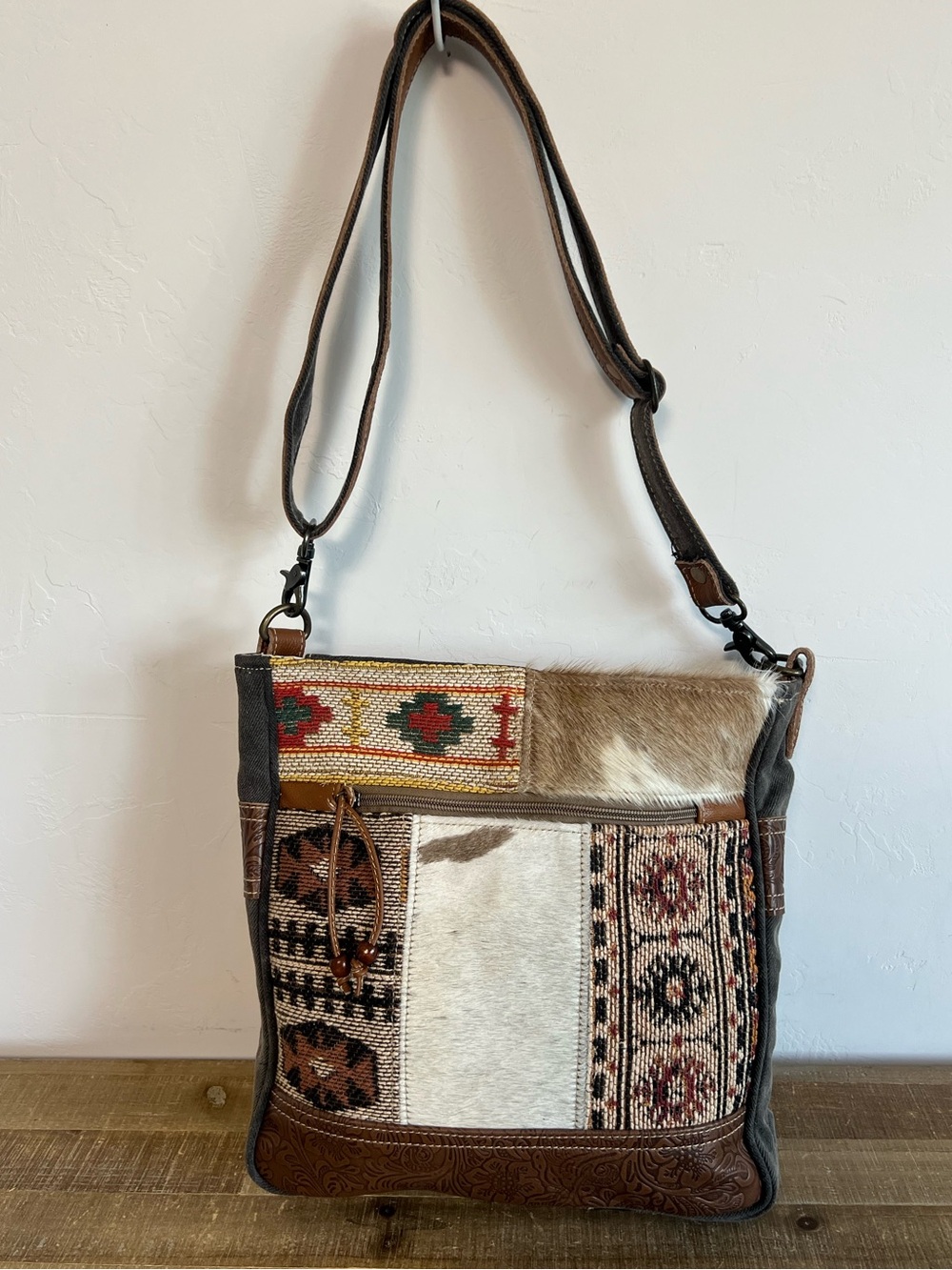 Myra Bag Boho Cowhide Tribal Rug Crossbody Canvas Leather Floral Purse NWT